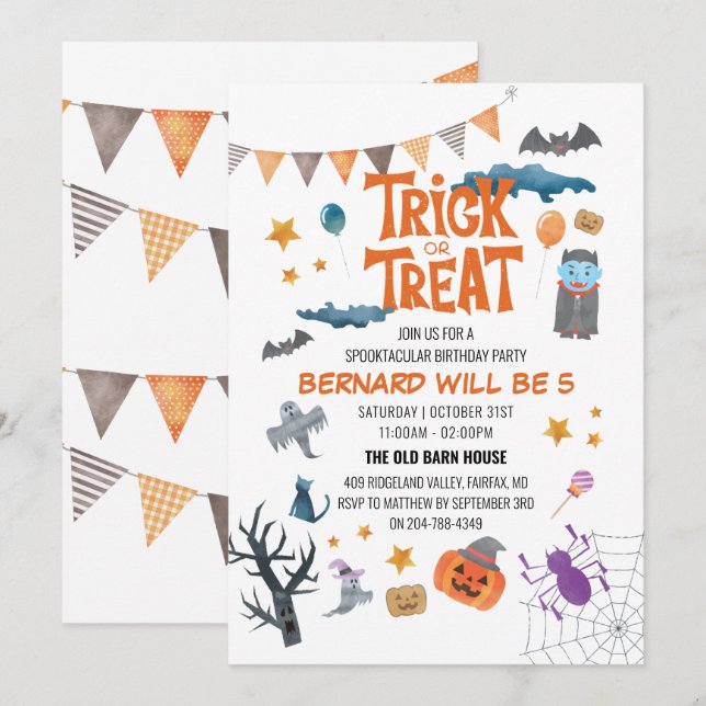 Spooky Halloween Kindergeburtstag Party Einladung (Vorne/Hinten)