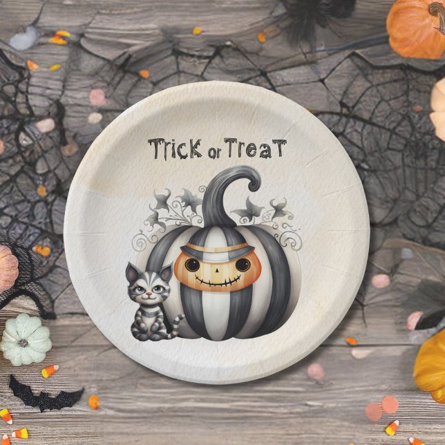 Spooky Halloween Kitten Black Striped Pumpkin Pappteller (Von Creator hochgeladen)
