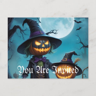 Spooky Halloween Pumpkin Duo Einladungspostkarte
