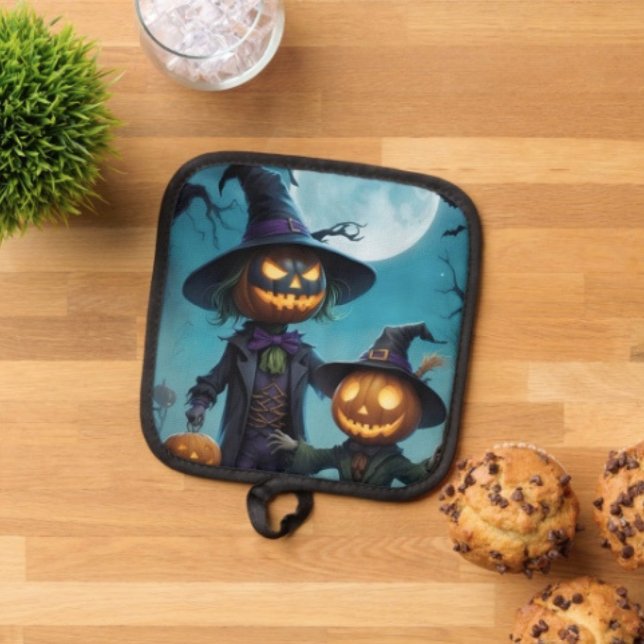 Spooky Halloween Pumpkin Duo Topflappen (Pot Holder Full rubber protection cover no slip silicon hanging loop. 
)