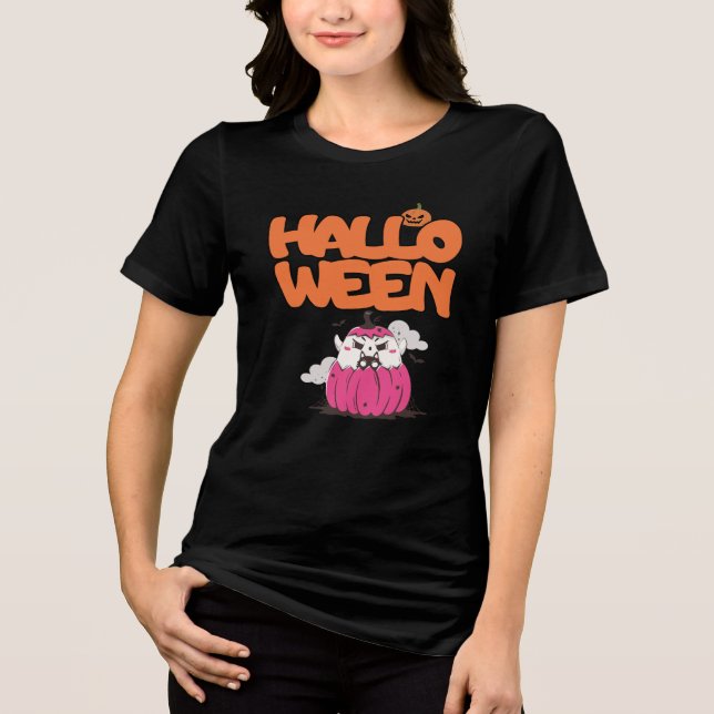 Spooky Halloween Pumpkin mit Fledermausaugen Hallo Tri-Blend Shirt (Vorderseite)