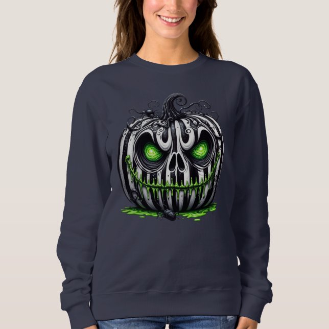 Spooky Halloween Pumpkin Schwarz-Weiß-Skelett Sweatshirt (Vorderseite)