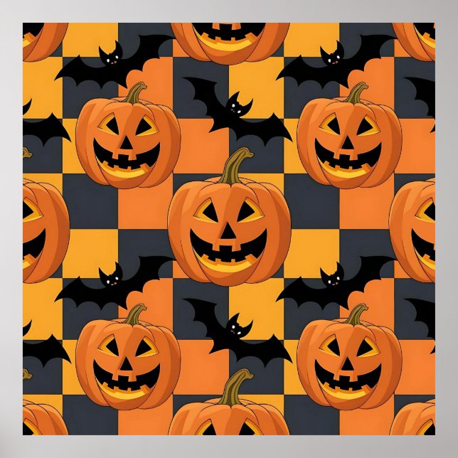 Spooky Halloween Pumpkin und Bat Pattern Poster (Vorne)