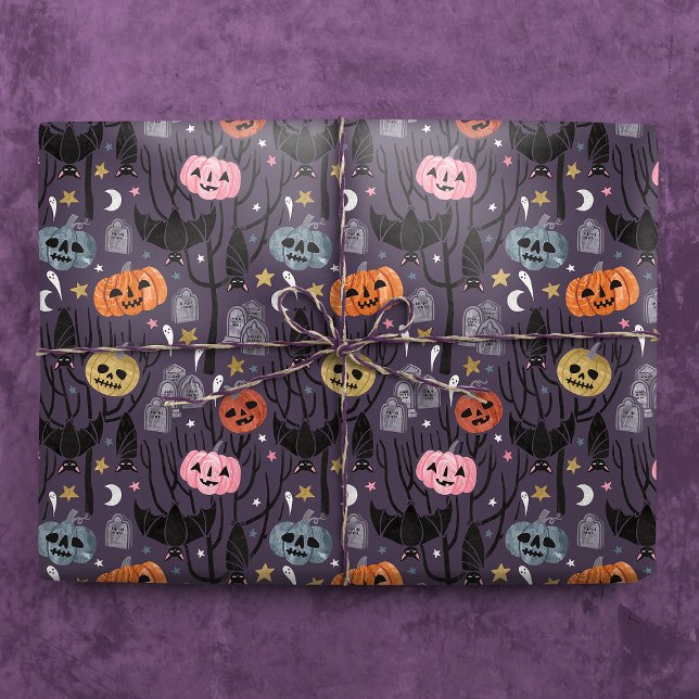 Spooky Halloween Pumpkins, Fledermäuse und Grabste Geschenkpapier (Gift Mockup)