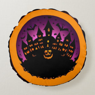 Spooky Halloween Silhouette eines Spuk Schlosses Rundes Kissen