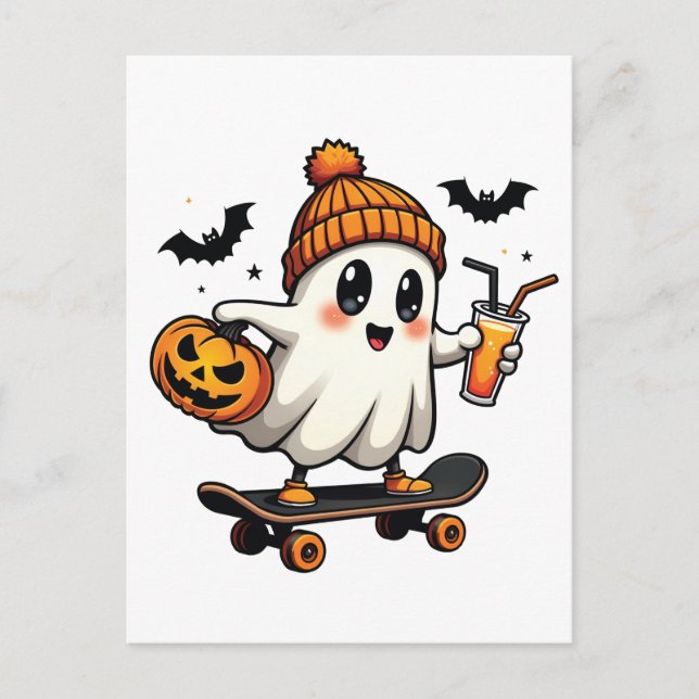 Spooky Halloween Skaten Pumpkin Spice Ghost Fall Einladungspostkarte (Vorderseite)