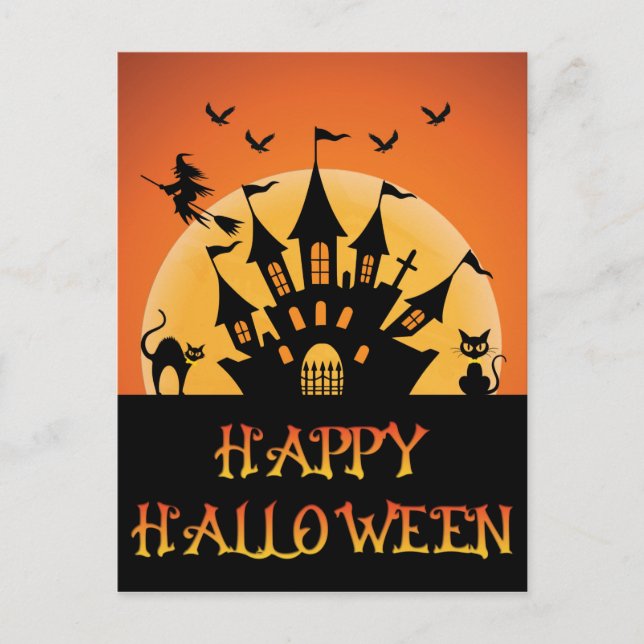 Spooky Halloween Spuk Hauskatze Hexenkessel Bat Postkarte (Vorderseite)