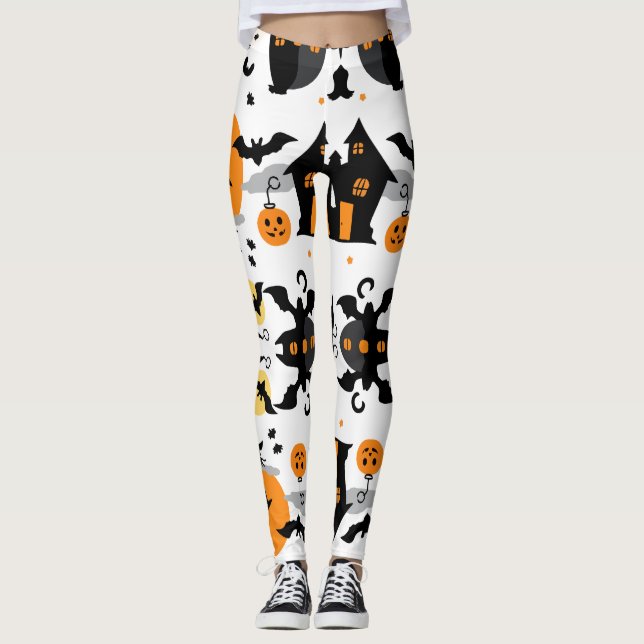 Spooky Halloween Spuk House and Bat Pattern Leggings (Vorderseite)