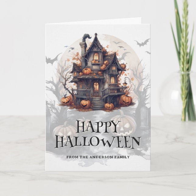 Spooky Halloween Spuk House Bats Pumpkins Foto Karte (Vorderseite)