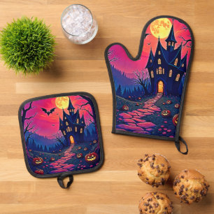 Spooky Halloween Spuk Mansion Art Ofenhandschuh & Topflappen-Set
