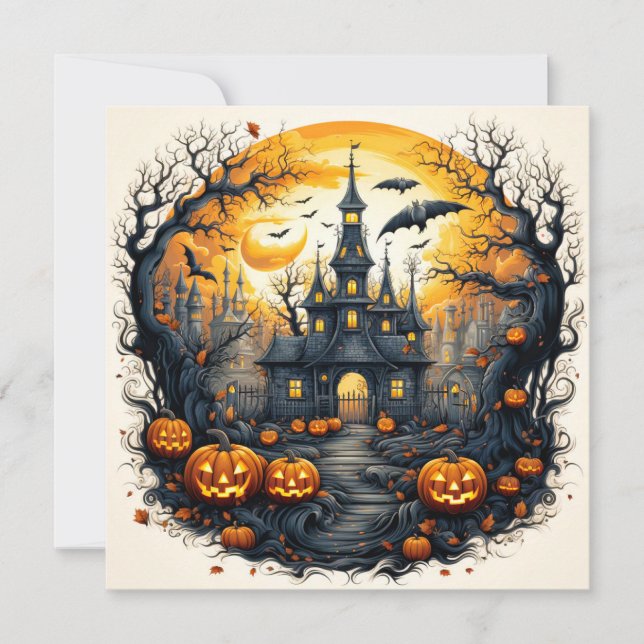 Spooky Halloween Stadt unter einem Vollmond Karte (Vorderseite)