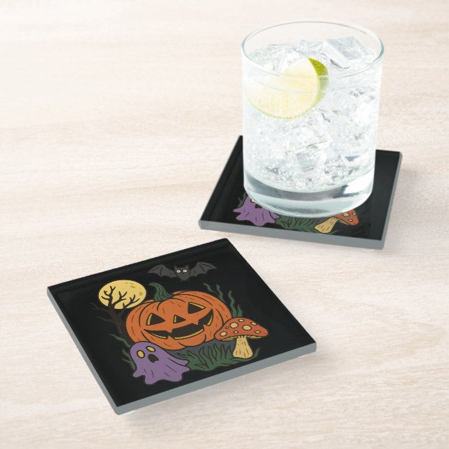 Spooky Halloween Sticker Glasuntersetzer (Schrägansicht)