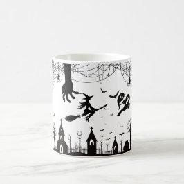 Spooky Halloween Witch & Bats Pattern Mug Kaffeetasse