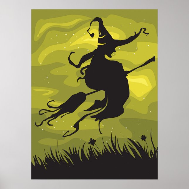 Spooky Halloween Witch Flying on Broomstick Poster (Vorne)