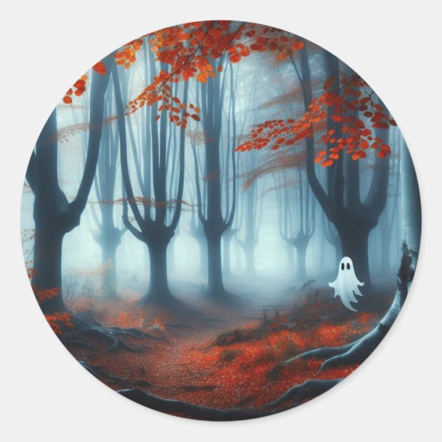 Spooky Herbstwald mit Gespenst Runder Aufkleber (Vorderseite)
