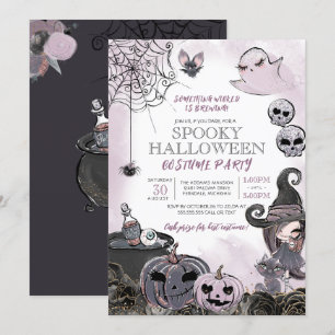 Spooky Hexe Lila Schwarzes Halloween-Kostüm-Party Einladung