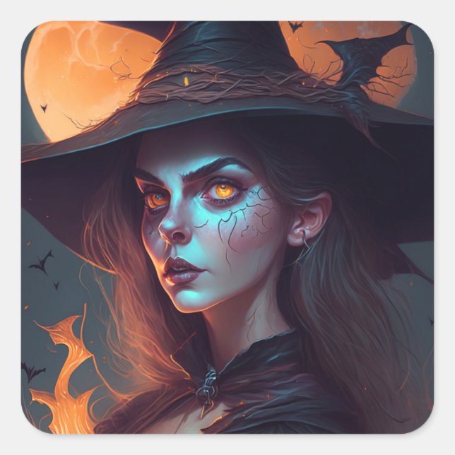 Spooky Hexe mit Mond Background Halloween Quadratischer Aufkleber (Vorderseite)