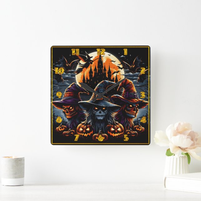 Spooky Hexen Ansammlung zu Halloween Quadratische Wanduhr (Zuhause)