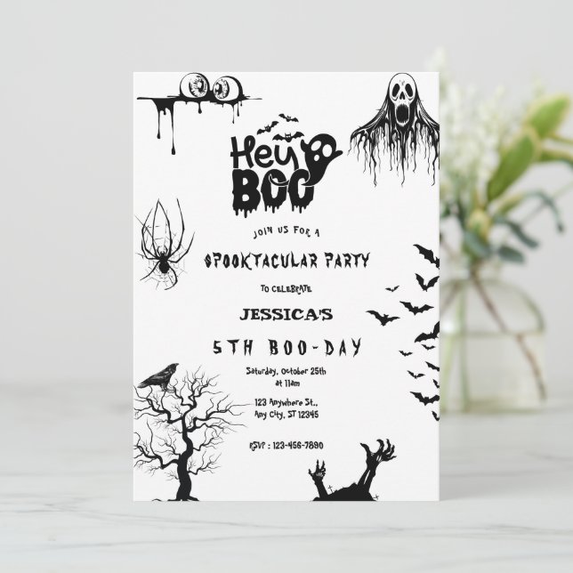 Spooky Hey Boo Kids Halloween Party Einladung (Stehend Vorderseite)