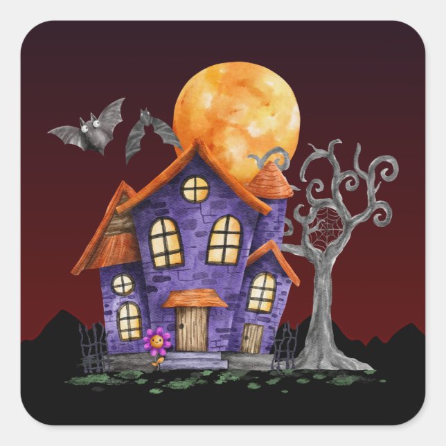 Spooky House Full Moon Halloween Quadratischer Aufkleber (Vorderseite)