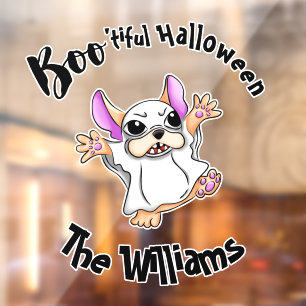 Spooky Hugs: Niedliches Bulldog-Boo-Geisterhaus Fensteraufkleber