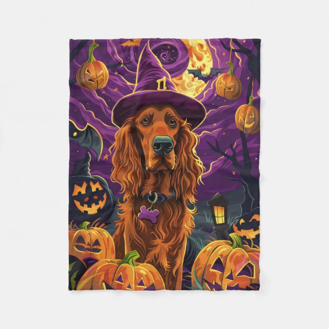 Spooky Irish Red Setter Halloween Hexenkürbis Fleecedecke (Vorderseite)