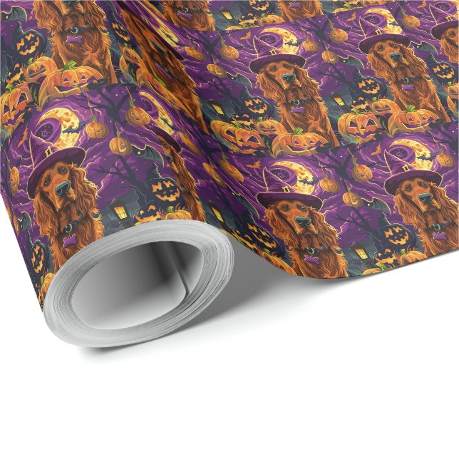 Spooky Irish Red Setter Halloween Hexenkürbis Geschenkpapier (Rolleneckpunkt)