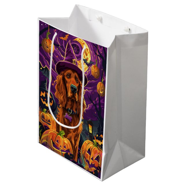 Spooky Irish Red Setter Halloween Hexenkürbis Mittlere Geschenktüte (Vorderseite Schrägansicht)