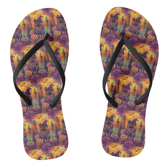 Spooky Keeshond Hund Halloween Hexe und Pumpkin Flip Flops (Fußbett)