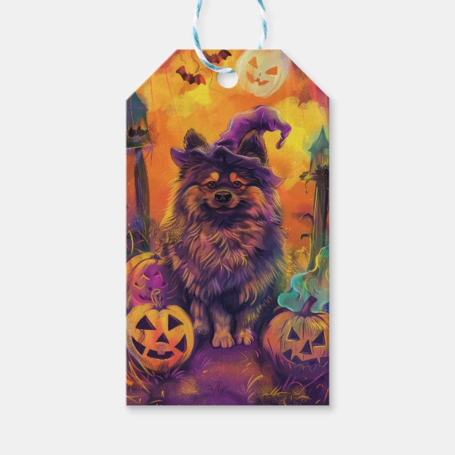 Spooky Keeshond Hund Halloween Hexe und Pumpkin Geschenkanhänger (Vorderseite)
