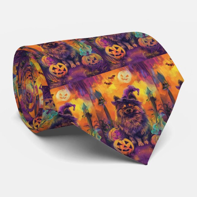 Spooky Keeshond Hund Halloween Hexe und Pumpkin Krawatte (Gerollt)