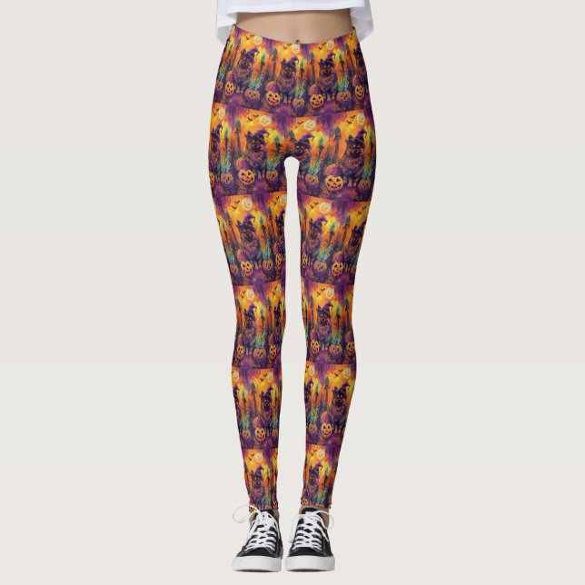 Spooky Keeshond Hund Halloween Hexe und Pumpkin Leggings (Vorderseite)