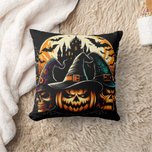 Spooky Kürbisanzeige mit Hexen und Schloss Kissen