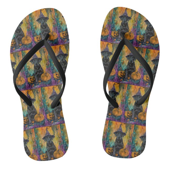Spooky Labrador Hund Halloween Hexe und Pumpkin Flip Flops (Fußbett)