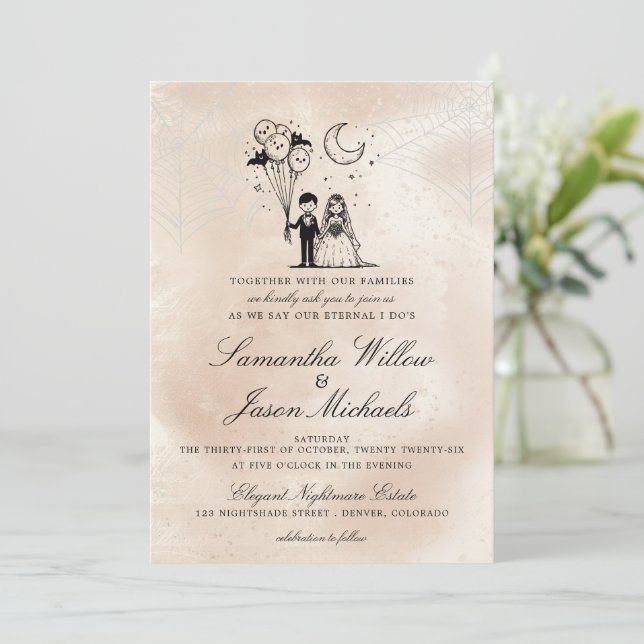 Spooky Little Couple Wedding Einladung (Stehend Vorderseite)