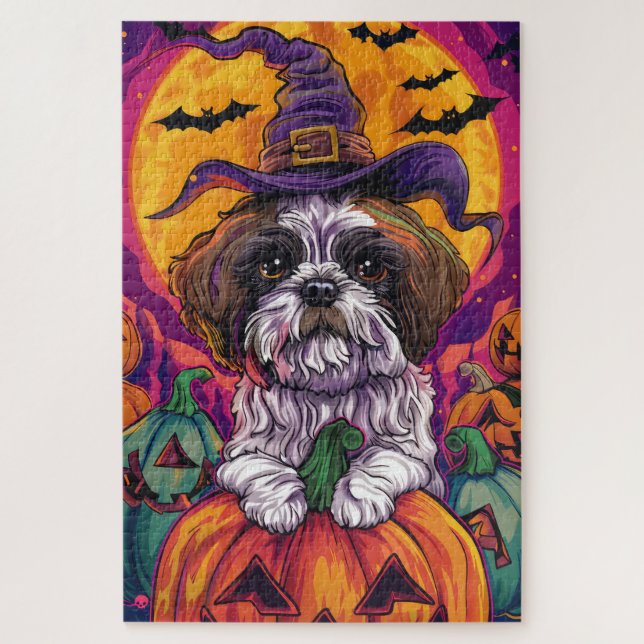 Spooky Malti Tzu Hund Halloween Hexe und Pumpkin (Vertikal)