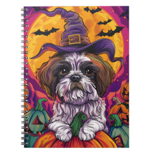 Spooky Malti Tzu Hund Halloween Hexe und Pumpkin Notizblock