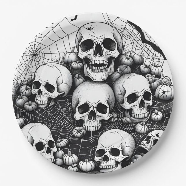Spooky menschliche Schädel Spinnweben KobwebFleder Pappteller (Vorderseite)