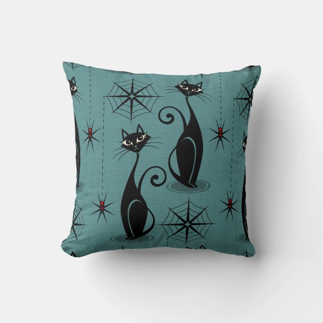 Spooky Meow Retro Atomkatzen auf blau Kissen (Vorderseite)