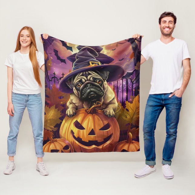 Spooky Mops Halloween Hexe und Kürbis Fleecedecke (Beispiel)