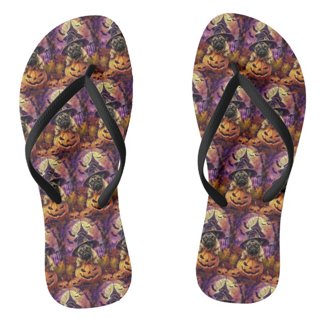 Spooky Mops Halloween Hexe und Kürbis Flip Flops (Fußbett)