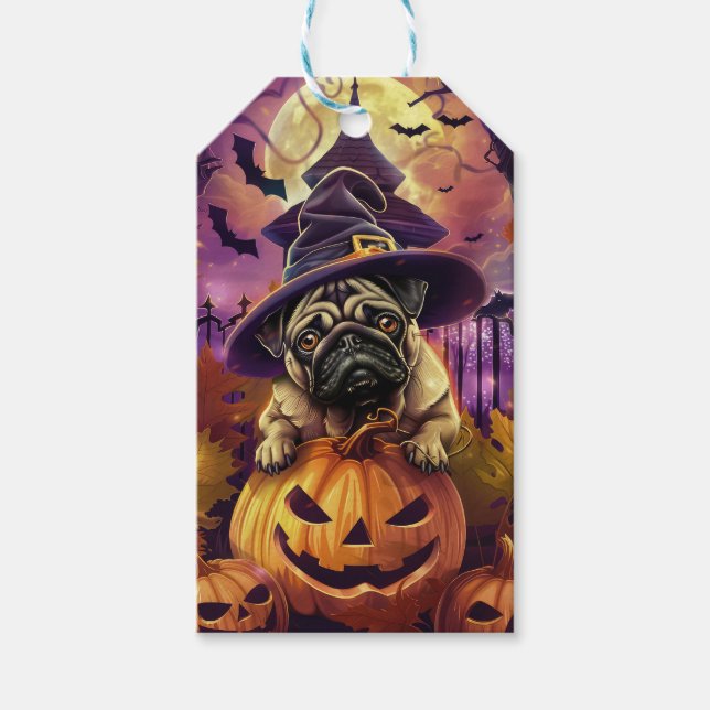 Spooky Mops Halloween Hexe und Kürbis Geschenkanhänger (Vorderseite)