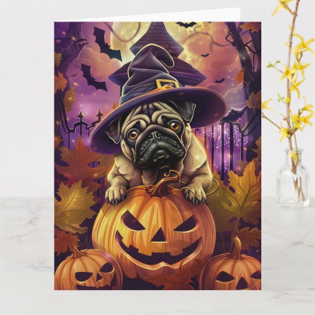 Spooky Mops Halloween Hexe und Kürbis Karte (Gelbe Blume)