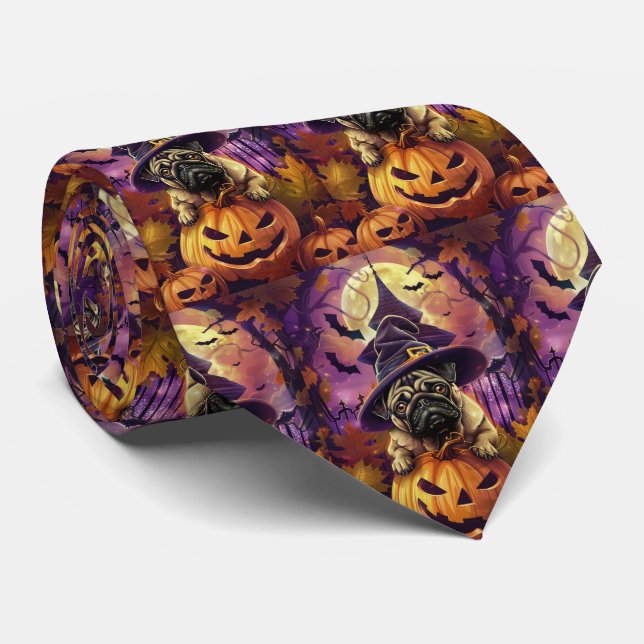 Spooky Mops Halloween Hexe und Kürbis Krawatte (Gerollt)