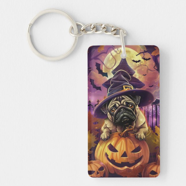 Spooky Mops Halloween Hexe und Kürbis Schlüsselanhänger (Vorderseite)