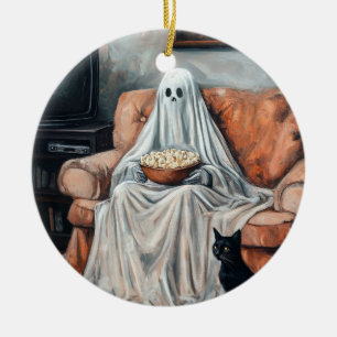 Spooky Movie Night   Ghost und Cat-Fernsehen Keramik Ornament