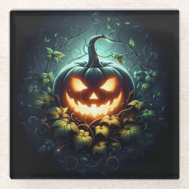 Spooky Natur glühend Halloween Kürbis Glasuntersetzer (Vorderseite)