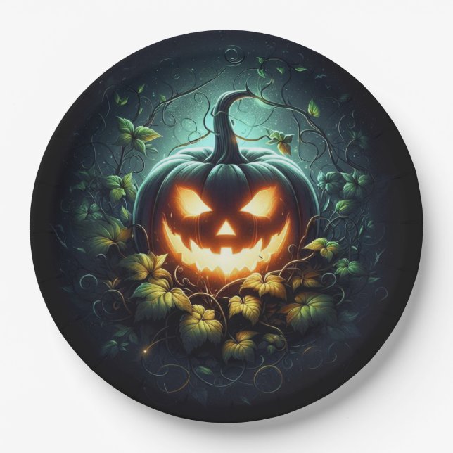 Spooky Natur glühend Halloween Kürbis Pappteller (Vorderseite)