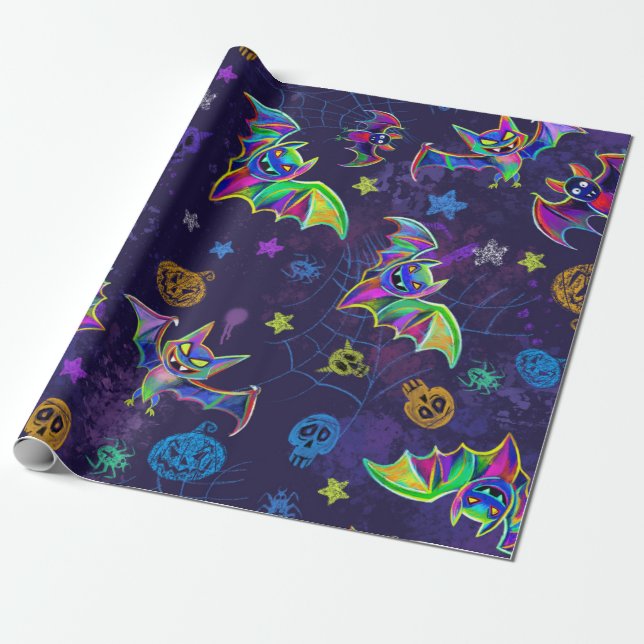 Spooky neon Halloween Design Fledermäuse bunt tren Geschenkpapier (Ungerollt)