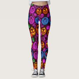 Spooky Neon Jack-o'' Lantern Halloween Blue Skulls Leggings